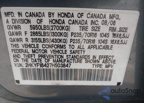 2007 Honda Pilot Ex z USA, uszkodzony, nr VIN 2HKYF18427H503847